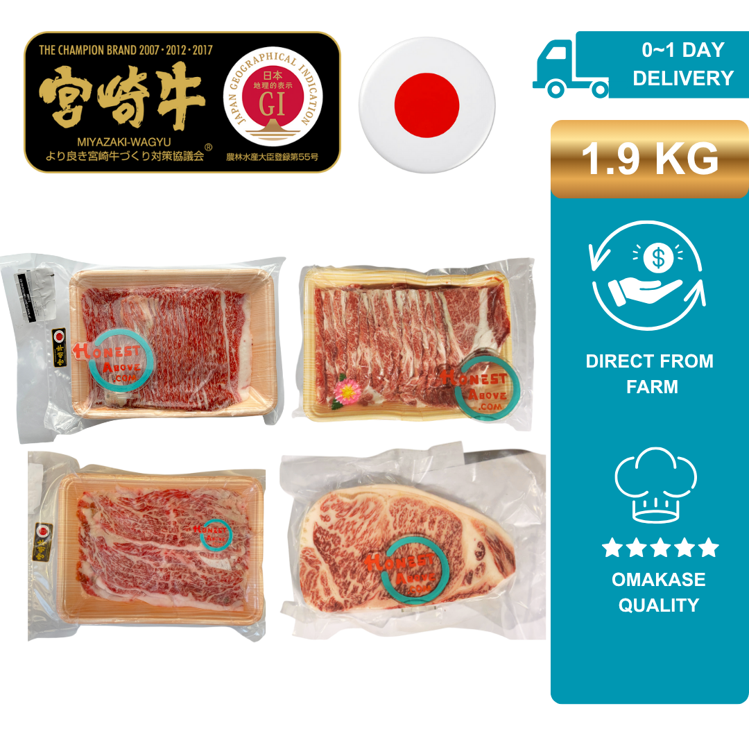 HonestAbove Japanese A5 Wagyu Miyazaki Combo – premium Wagyu beef set with shabu-shabu slices, yakiniku cuts, and steak, rich marbling, luxury quality, Singapore delivery