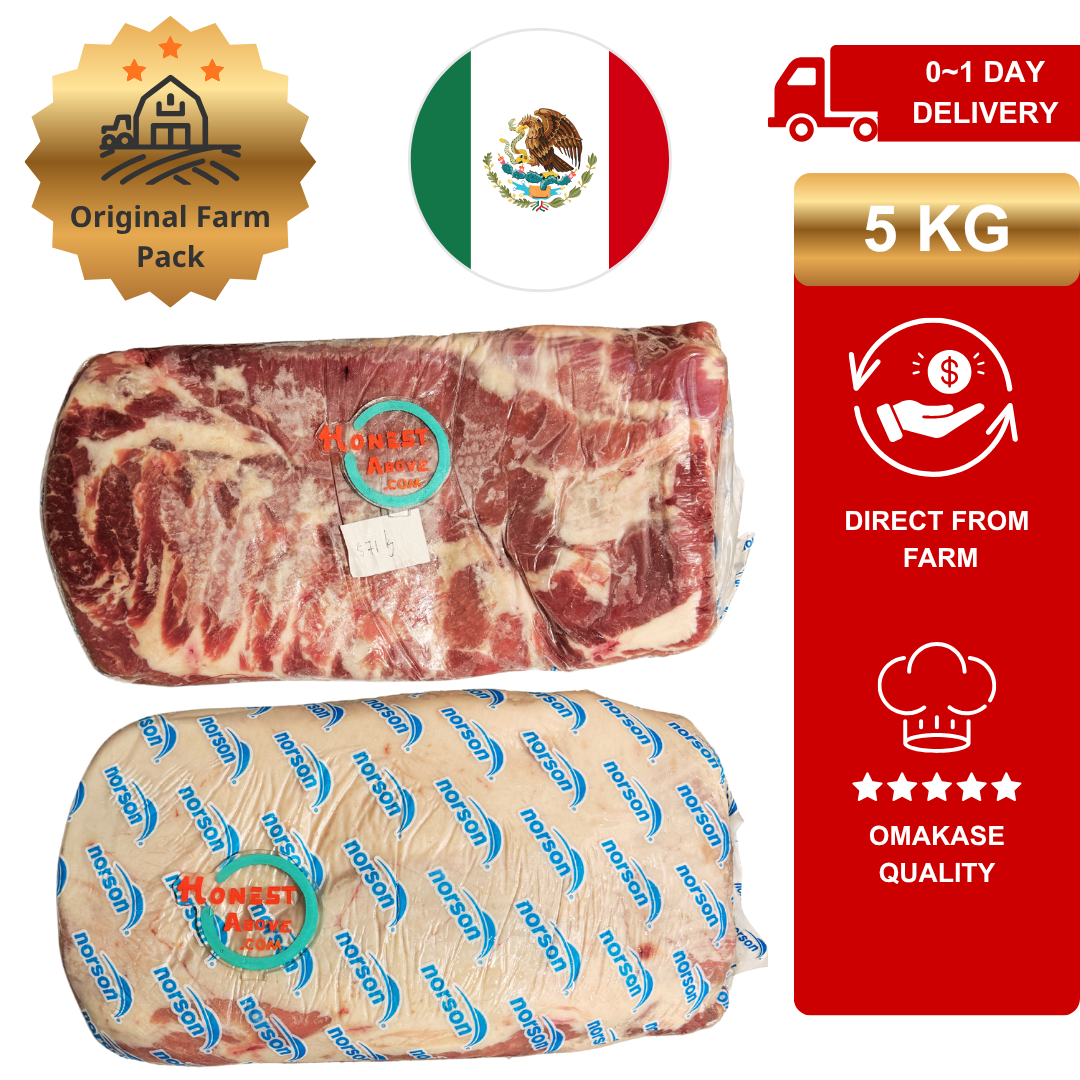 HonestAbove pork belly wholesale 5kg – premium quality, clean and fresh cut with ideal fat-to-meat ratio. Juicy, tender, and flavorful. No skin, no odor. Perfect for grilling, roasting, braising, hotpot, or Asian recipes