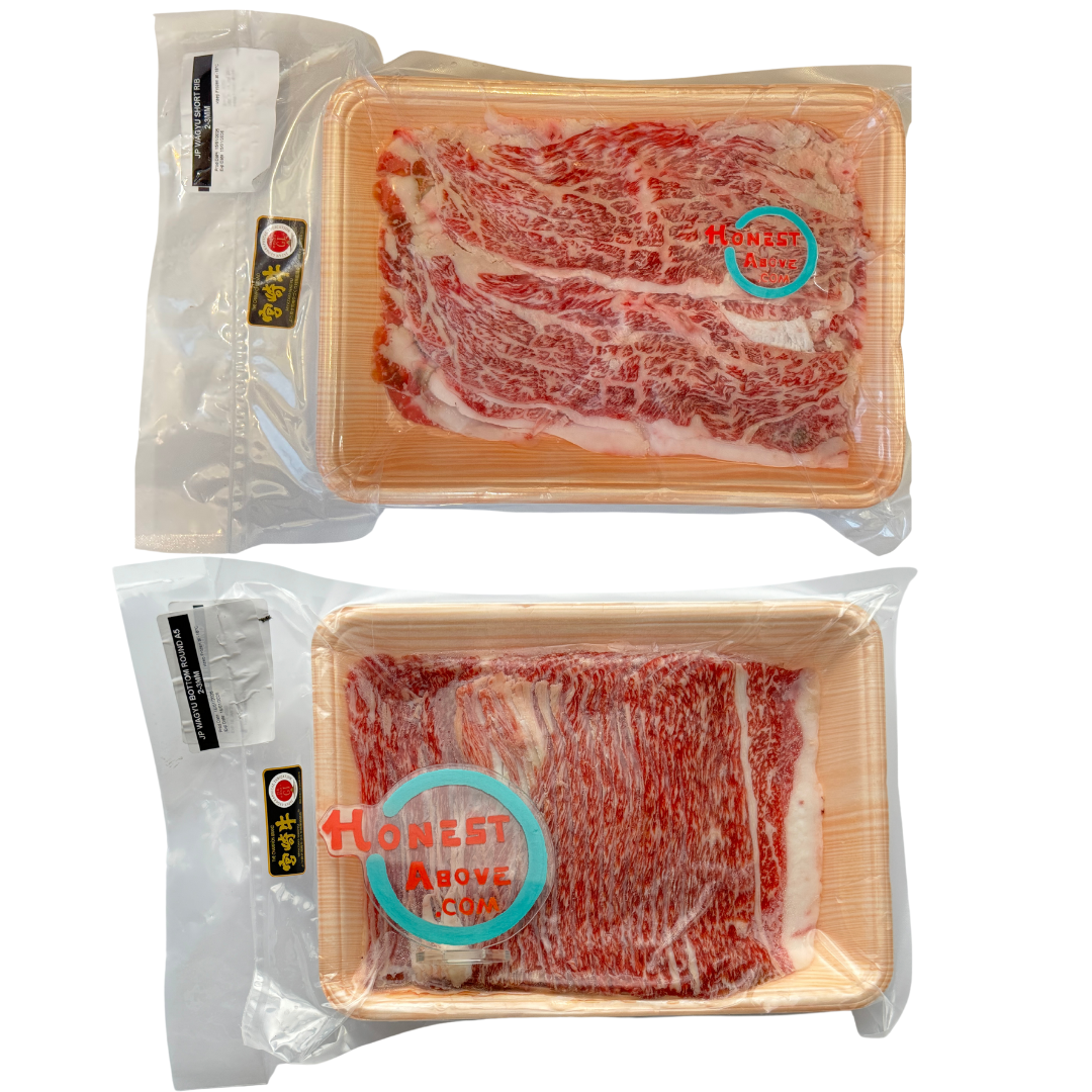HonestAbove Japanese A5 Wagyu Miyazaki Sukiyaki Everyday Cuts – thinly sliced premium wagyu beef with rich marbling and tenderness, perfect for sukiyaki, hotpot, and everyday cooking