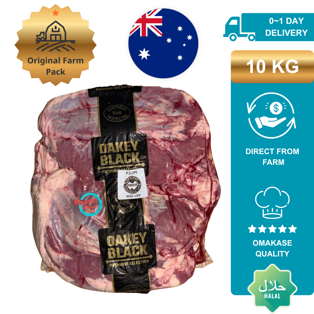 Whole vacuum-sealed Australian Angus beef heel muscle, 10kg original farm pack, direct from Oakey Black farm, Halal-certified, Omakase-grade quality.